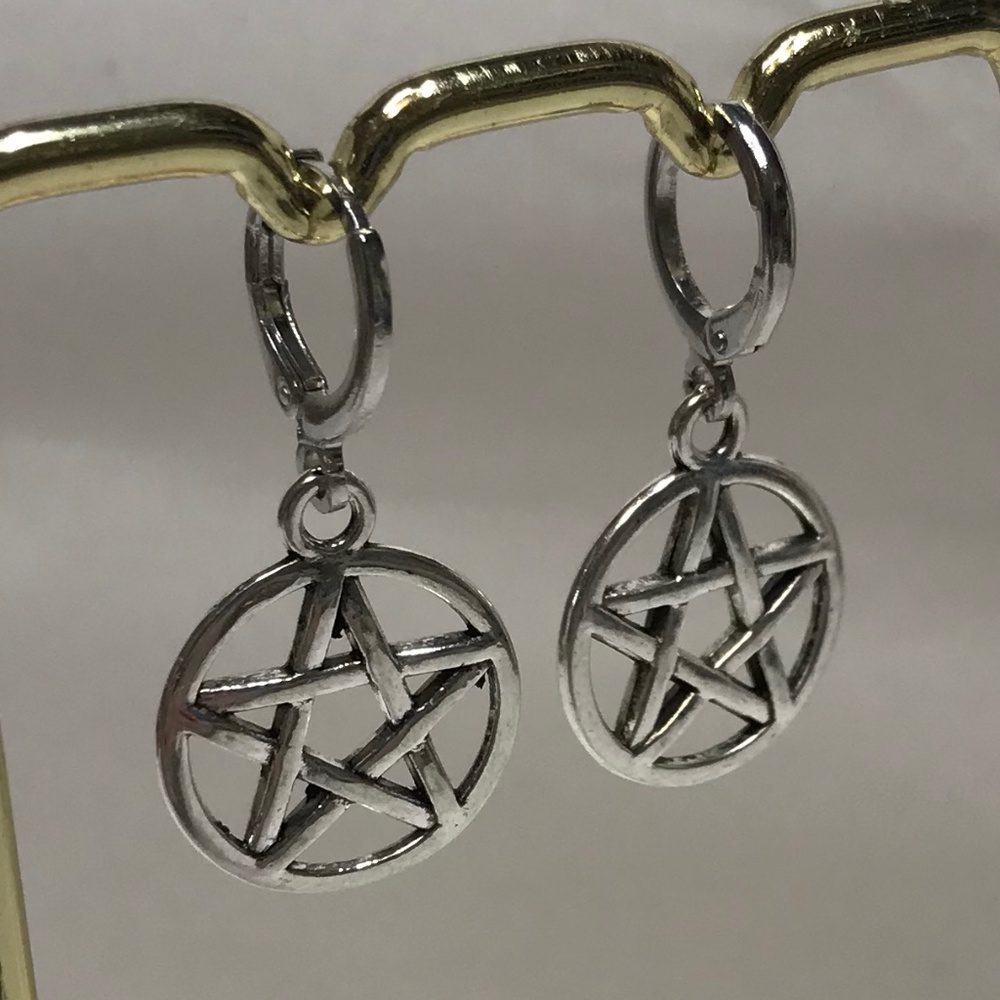 Gothic Pagan Silver Pentagram Pentacle Handmade Hoop Earrings, Encircled Stars - Picture 8 of 12
